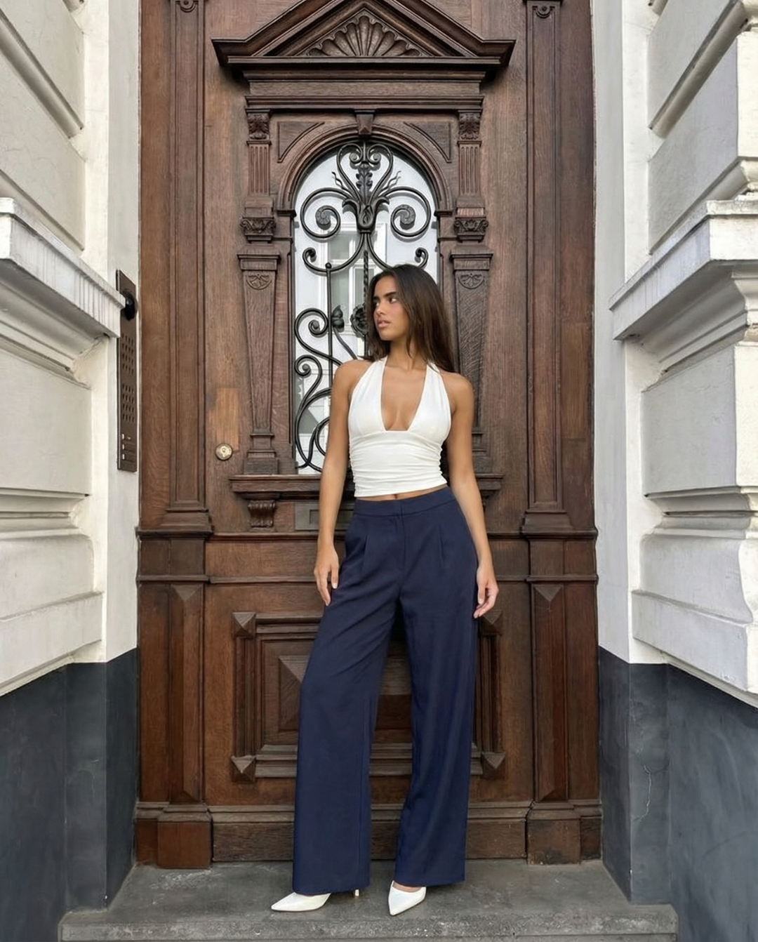 Cora | Wide Leg Pleated Pants Navy High Waisted
