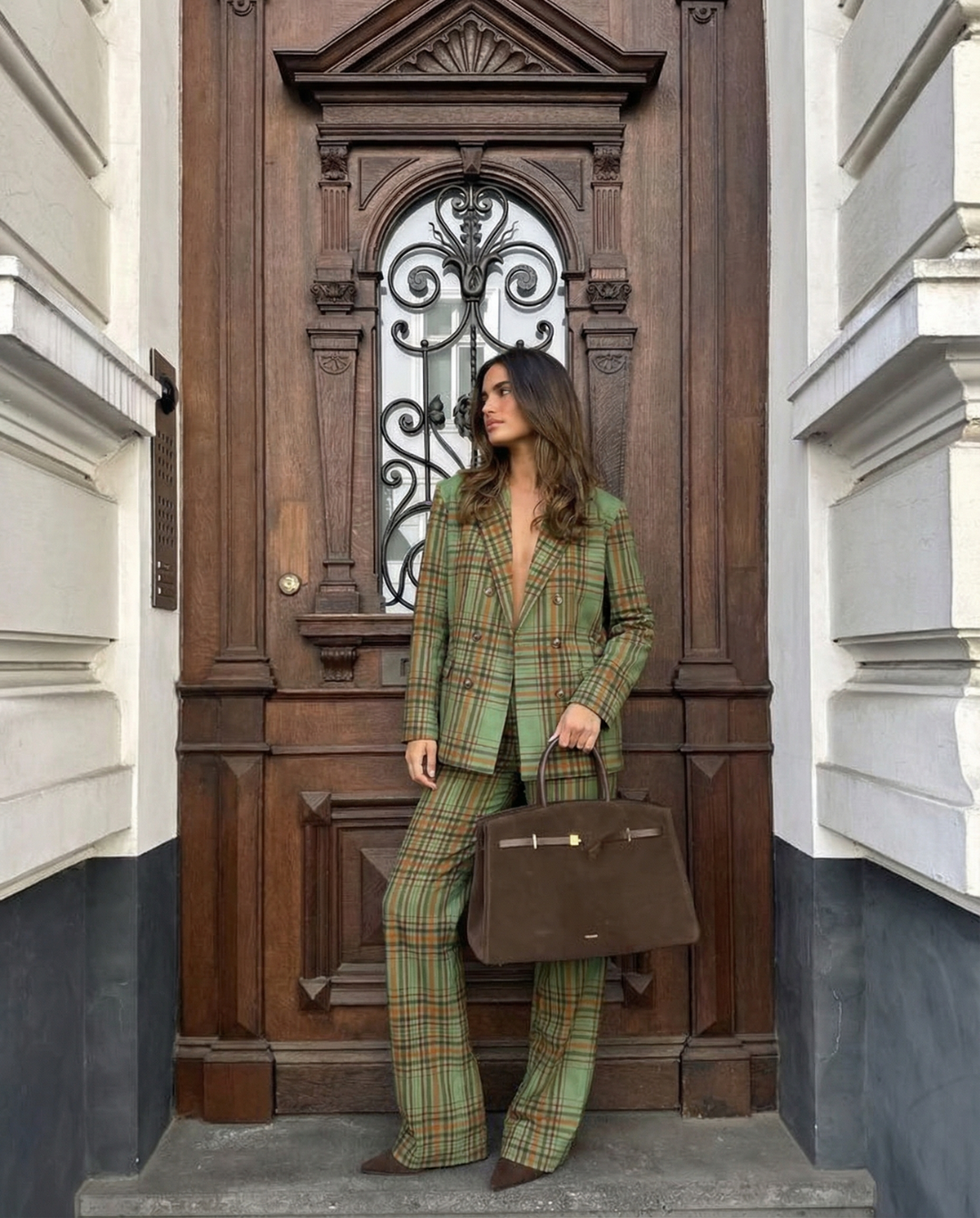 Thea | Plaid Blazer And Pants Set Green Double Breasted