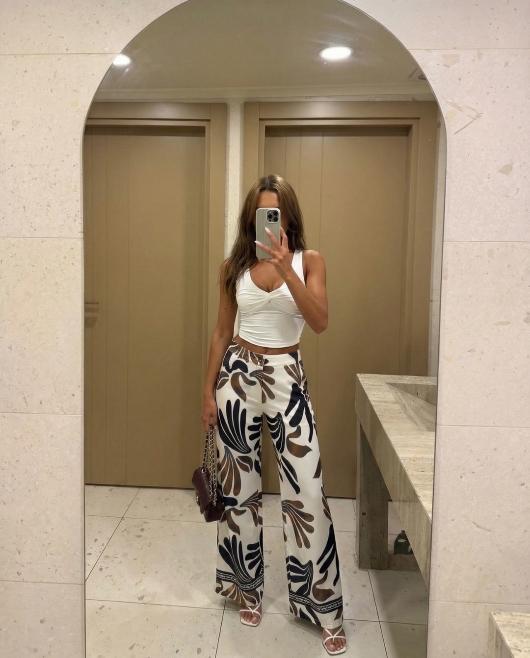 Sienna | Casual Wide Leg Trousers White Abstract Print