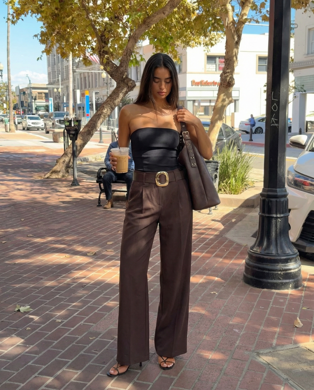 Quinn | Elegant Wide Leg Trousers Brown Belted