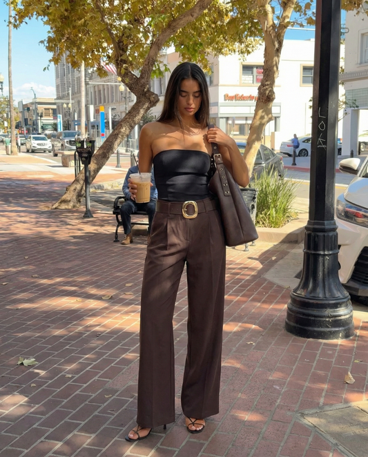 Sage | Wide Leg Dress Pants Brown Belted High Waisted