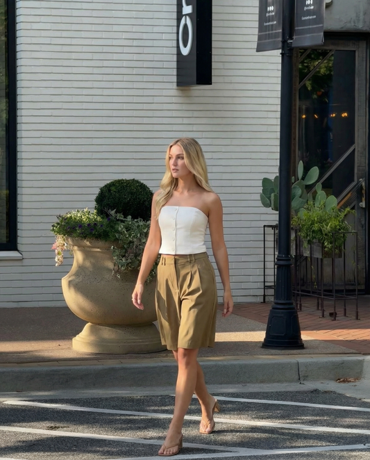 Aria | Smart Casual Tailored Shorts Khaki High Waisted Pleated Wide Leg