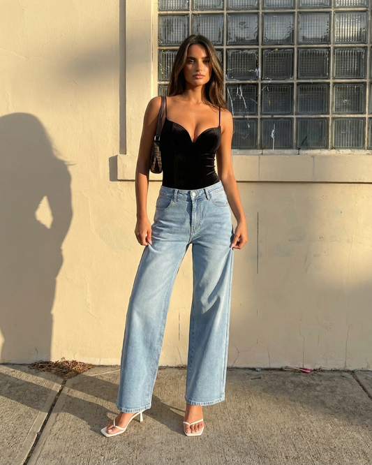 Rhea | Elegant Velvet Corset Top Black Spaghetti Strap