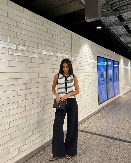 Faye | Striped Knit Vest Cardigan Black White Button Front Sleeveless