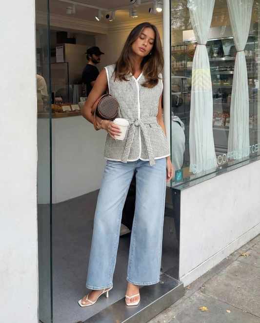 Margot | Plaid Sleeveless Button Down Vest Top White Tie Front