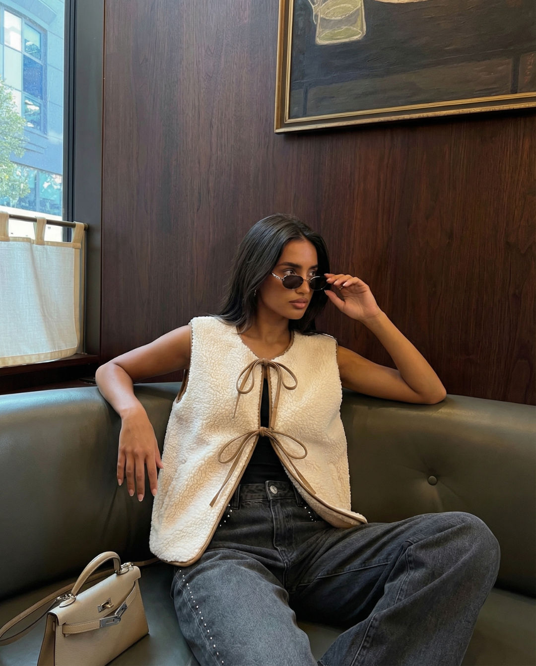 Camille | Sleeveless Tie Front Cardigan Cream Textured