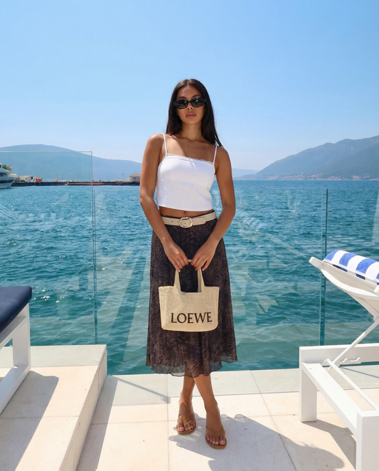 Ember | Pleated Midi Skirt Brown Printed Chiffon A Line