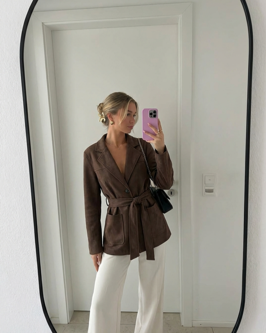 Yara | Belted Brown Blazer Jacket Long Sleeve Tailored