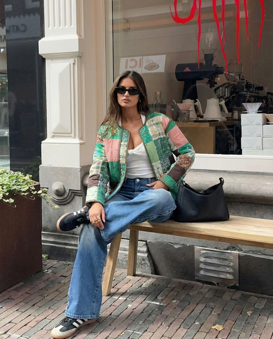 Yara | Quilted Jacket Green Patchwork Zip Up Lightweight Long Sleeve