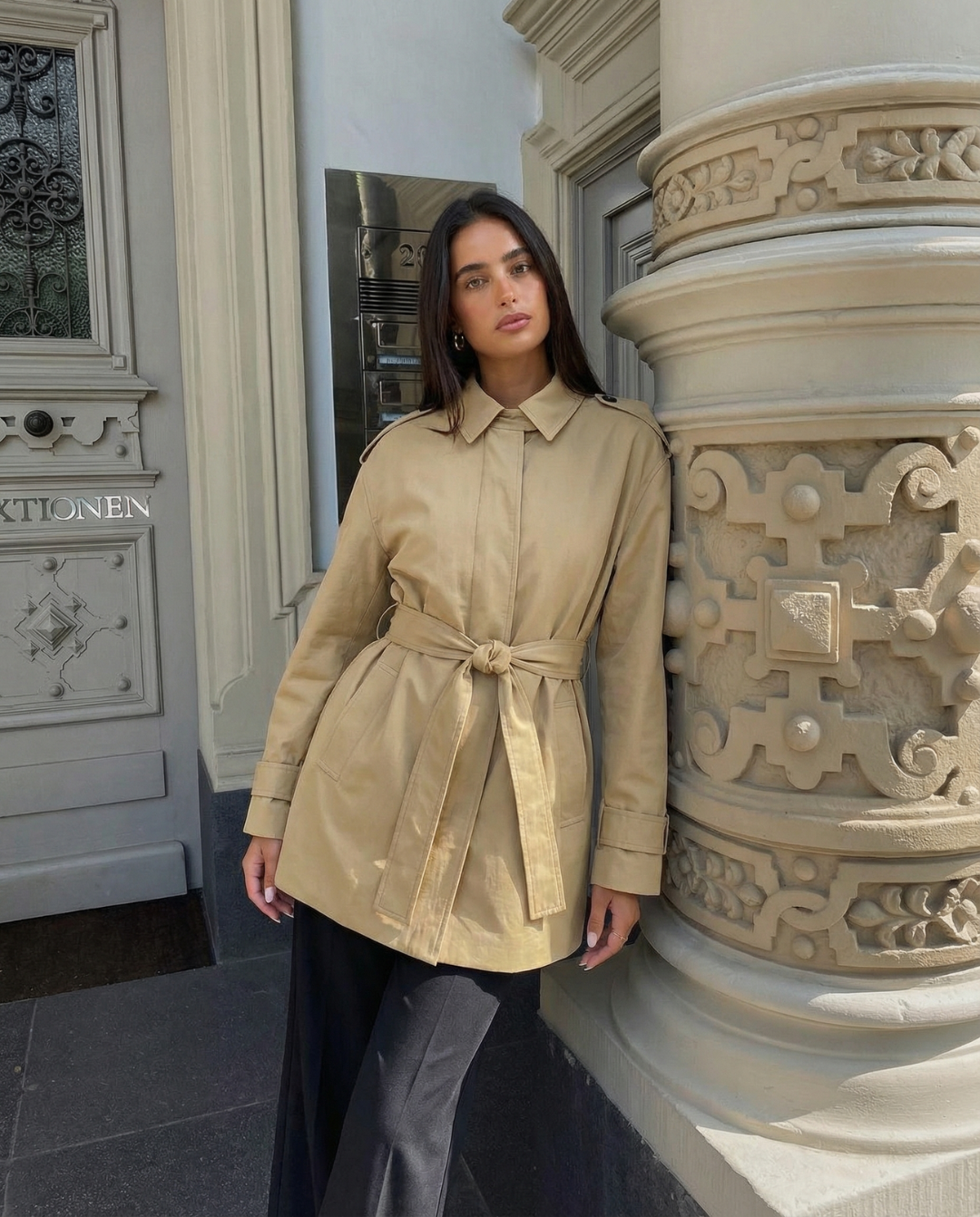 Neve | Beige Belted Utility Jacket Long Sleeve Collared Trench
