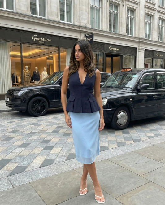 Margot | Peplum Top Navy Sleeveless V Neck Fitted Cardigan