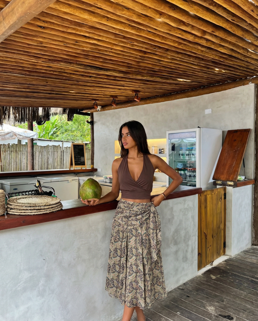 Celine | Wrap Midi Skirt Beige Paisley Print Pleated Chiffon