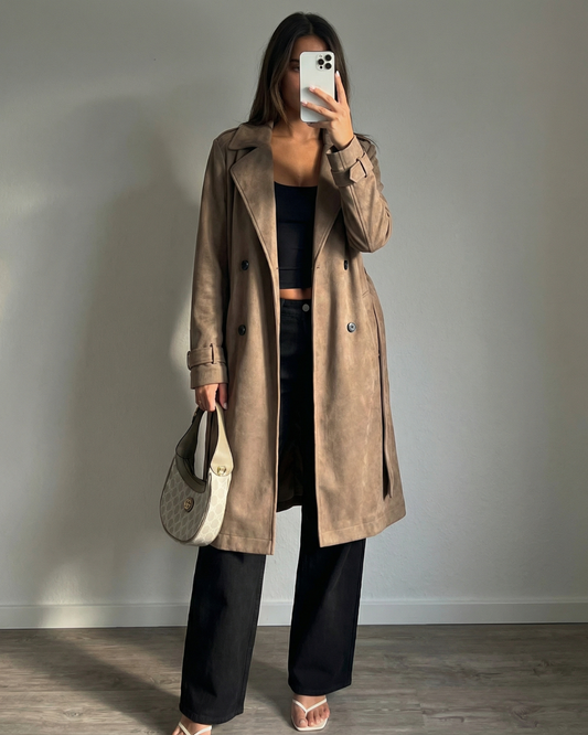 Vera | Suede Trench Coat Beige Long Sleeve Double Breasted