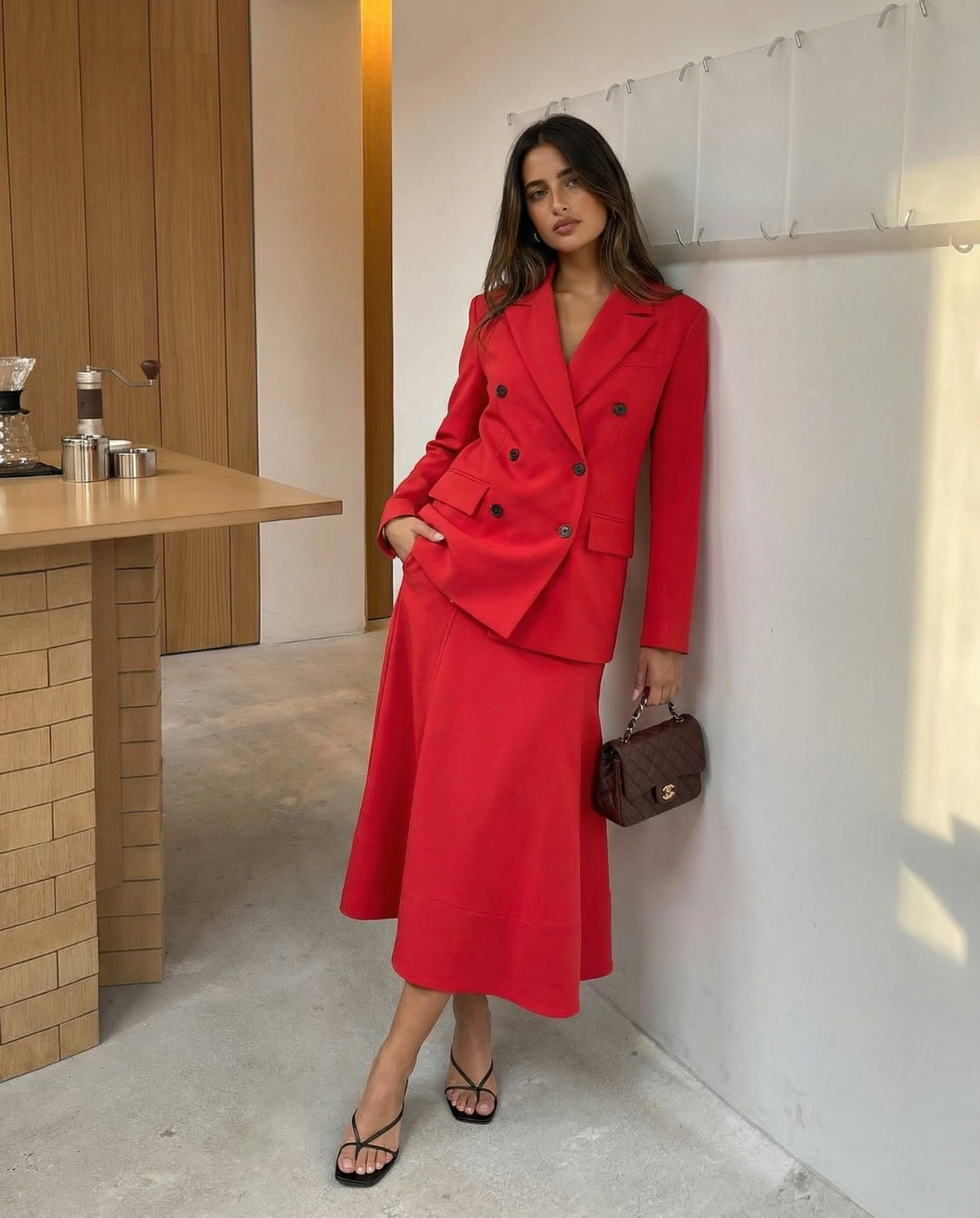 Rose | Red Two Piece Set Midi Skirt