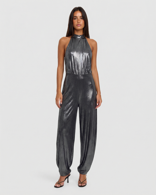 Nola | Elegant Halter Jumpsuit Black Metallic