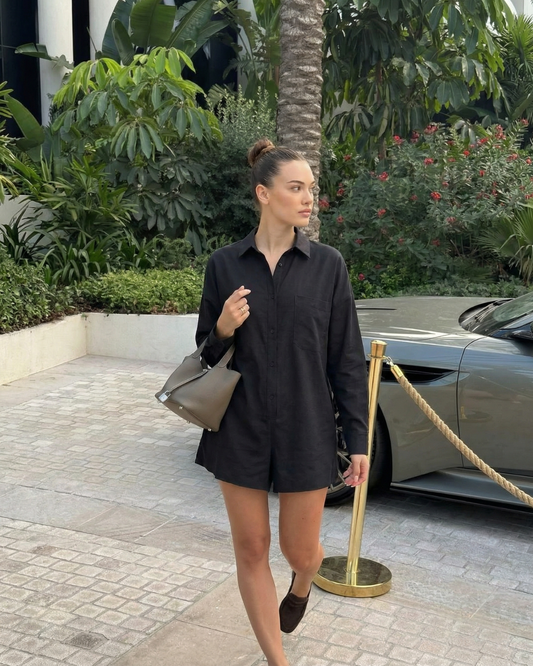 Bea | Casual Utility Button Romper Black Long Sleeve