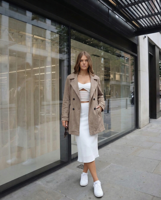 Lux | Elegant Belted Trench Coat Suede Beige Long
