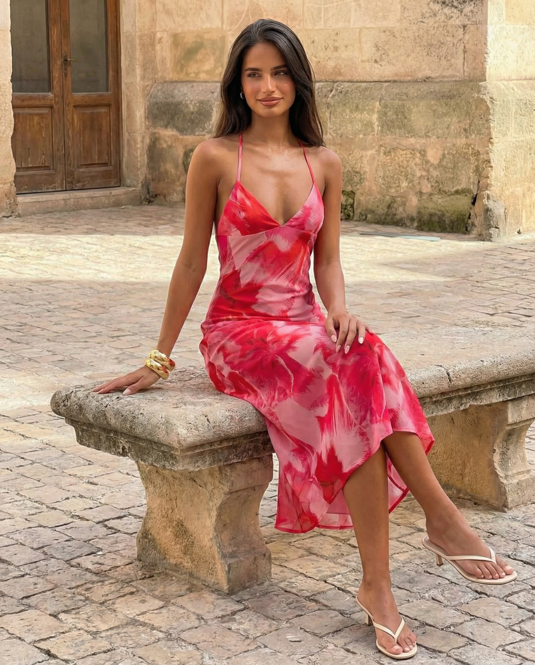 Coquette Printed Midi Dress Pink Halter