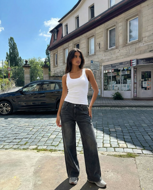 Uma | White Vest Top Tank Ribbed Square Neck Fitted Sleeveless