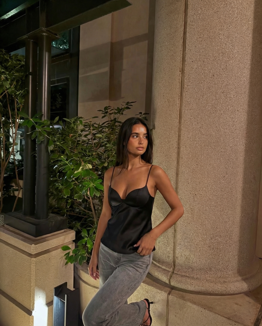 Mira | Satin Cami Top Black V Neck Corset Sleeveless Fitted