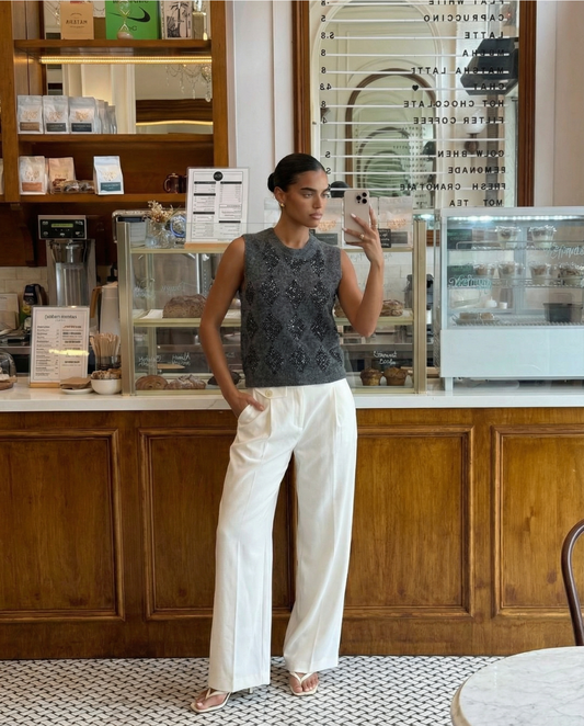 Nola | Vest Top Grey Knitted Argyle Sleeveless Rhinestone