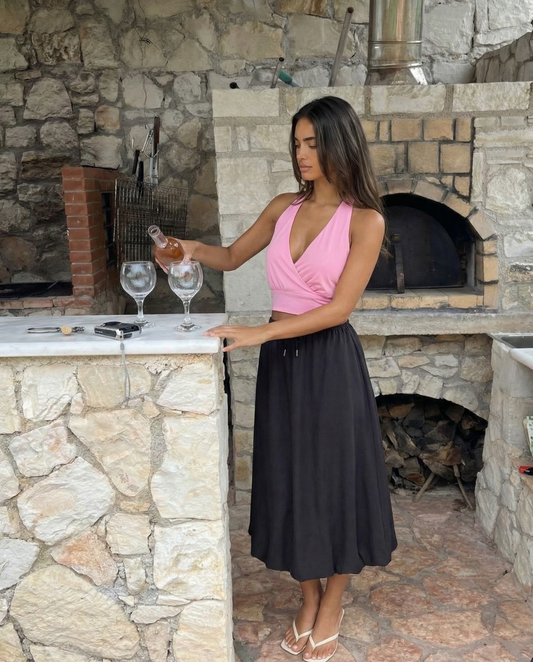 Ayla | Summer Satin Midi Skirt Black Drawstring