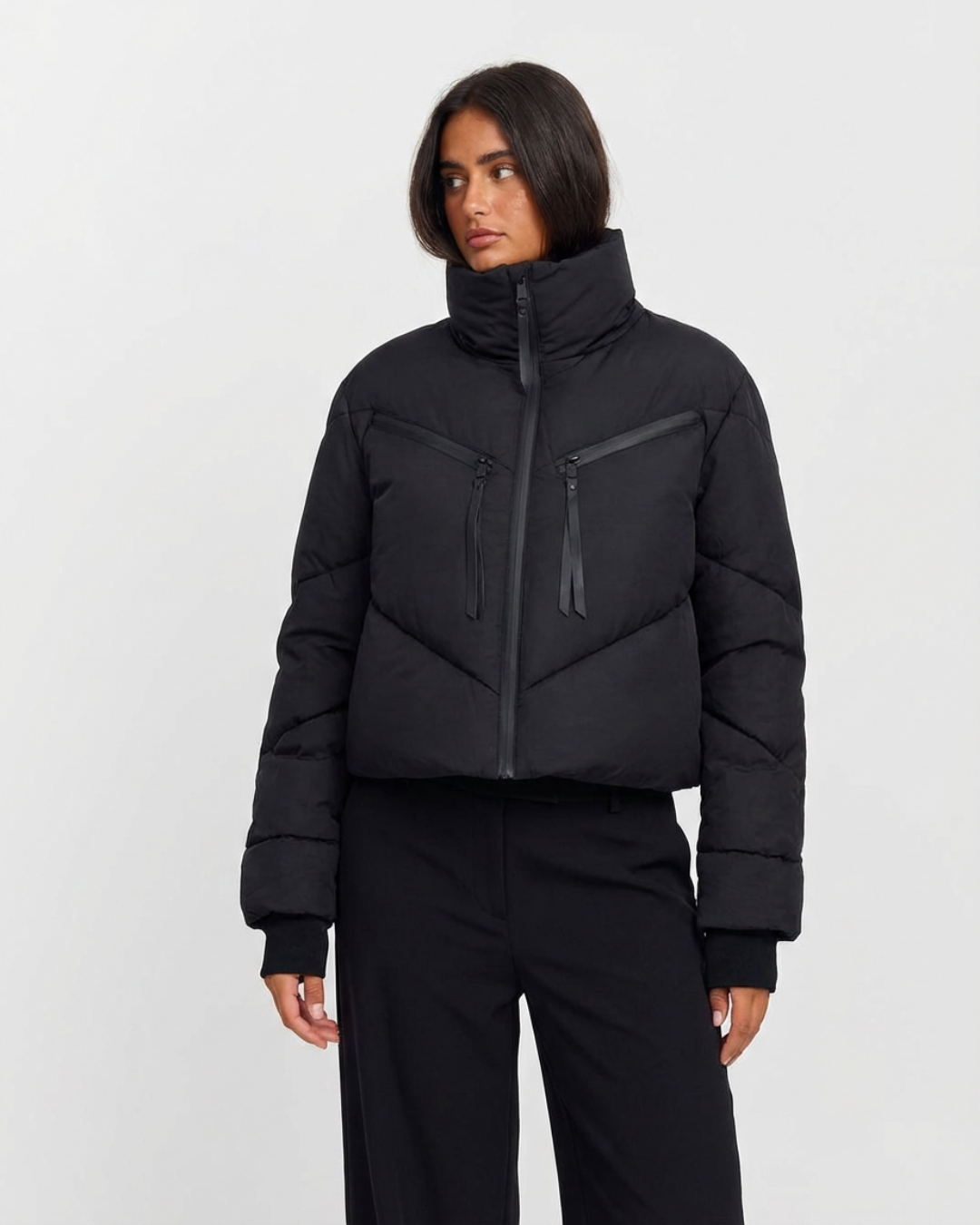 Bea | Winter Cropped Puffer Jacket Black Quilted Zip Up Padded