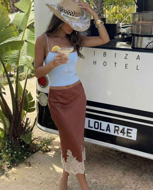 Etta | Satin Midi Skirt Brown Lace Trim