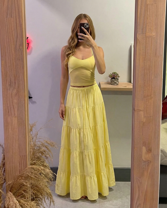Fleur | Tiered Maxi Skirt Yellow Cotton Elastic Waist