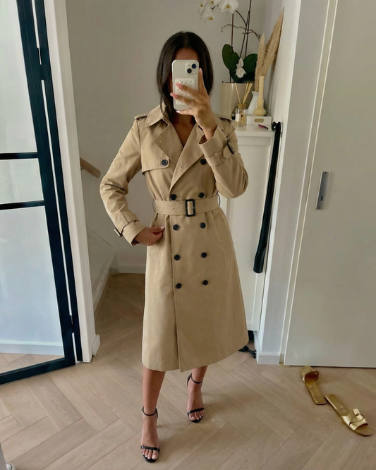 Kira | Elegant Double Breasted Trench Coat Cream Belted Long