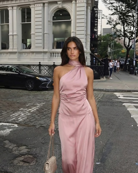 Flora | Elegant Halter Neck Top Pink Satin Sleeveless Ruched