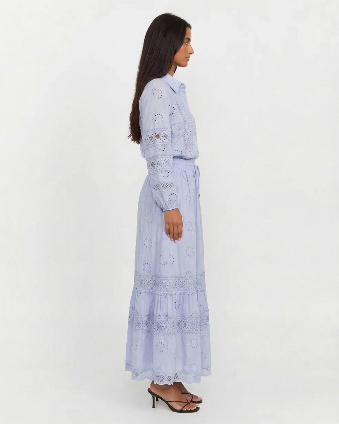 Thea | Cottagecore Eyelet Maxi Dress Set Light Blue Long Sleeve