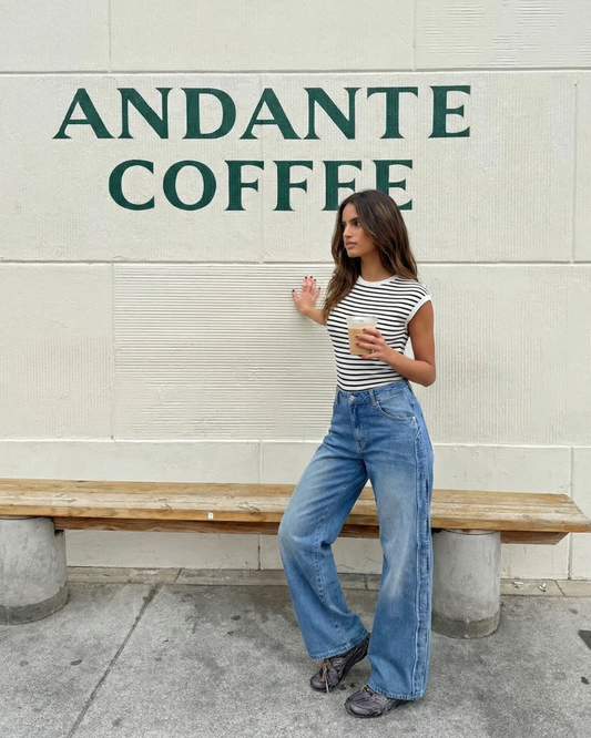 Kit | Striped T Shirt White Black Casual Cap Sleeve