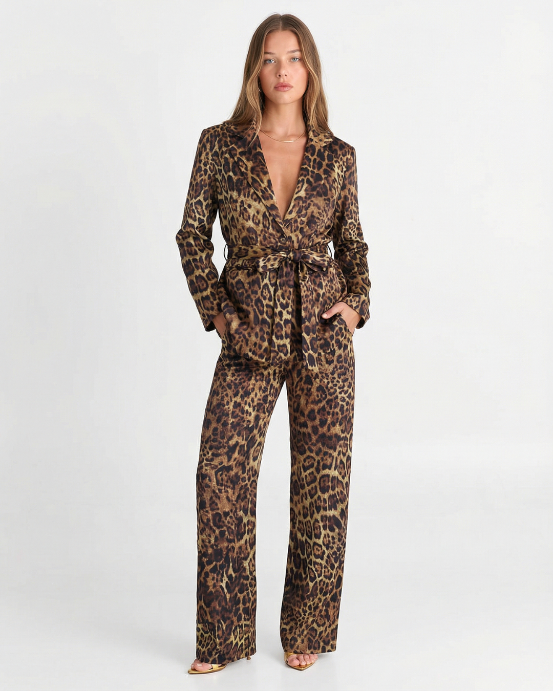 Margot | Leopard Print Wide Leg Suit Blazer Brown Long Sleeve
