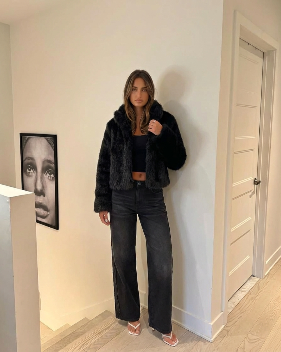 Thea | Cropped Faux Fur Coat Black Fluffy