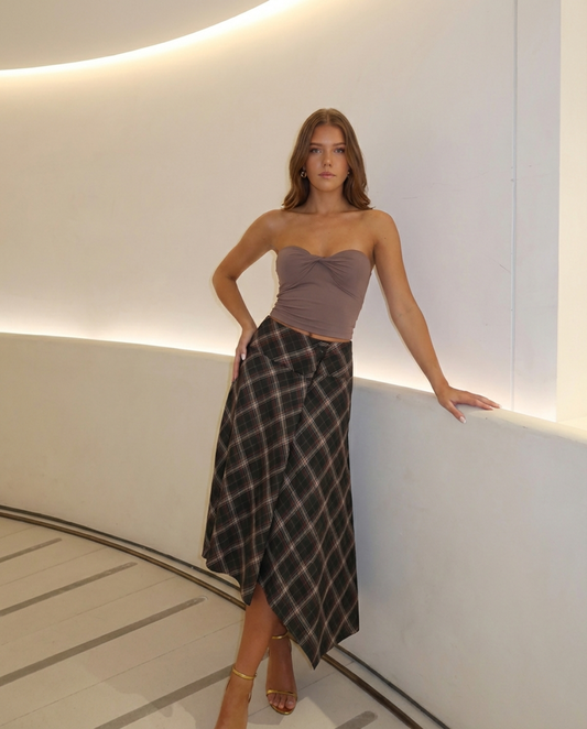 Briar | Autumn Asymmetric Midi Skirt Brown Check A Line