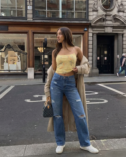 Alma | High Waisted Straight Leg Jeans Ripped Dark Blue Distressed