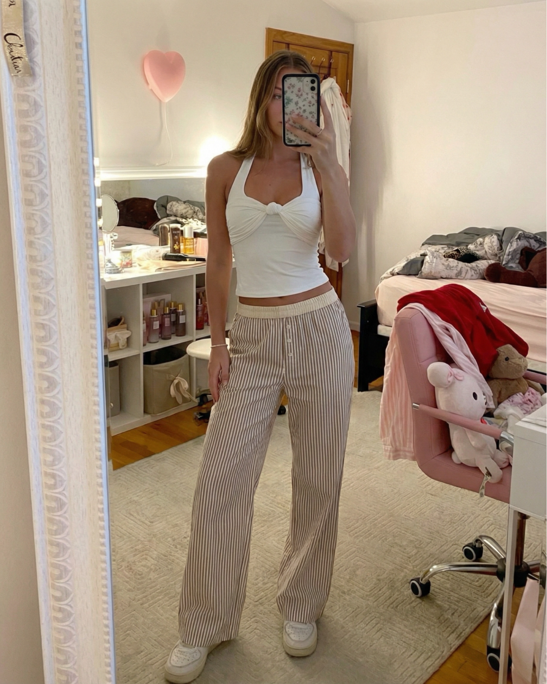 Margot | Casual Striped Wide Leg Pants Cream Button Front