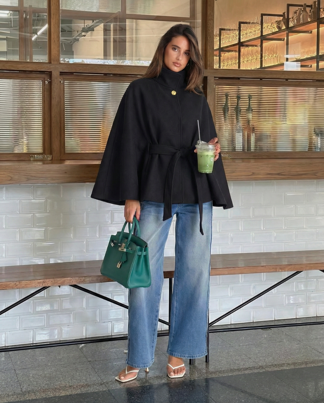 Esme | Black Jacket Belted High Neck Oversized Cape