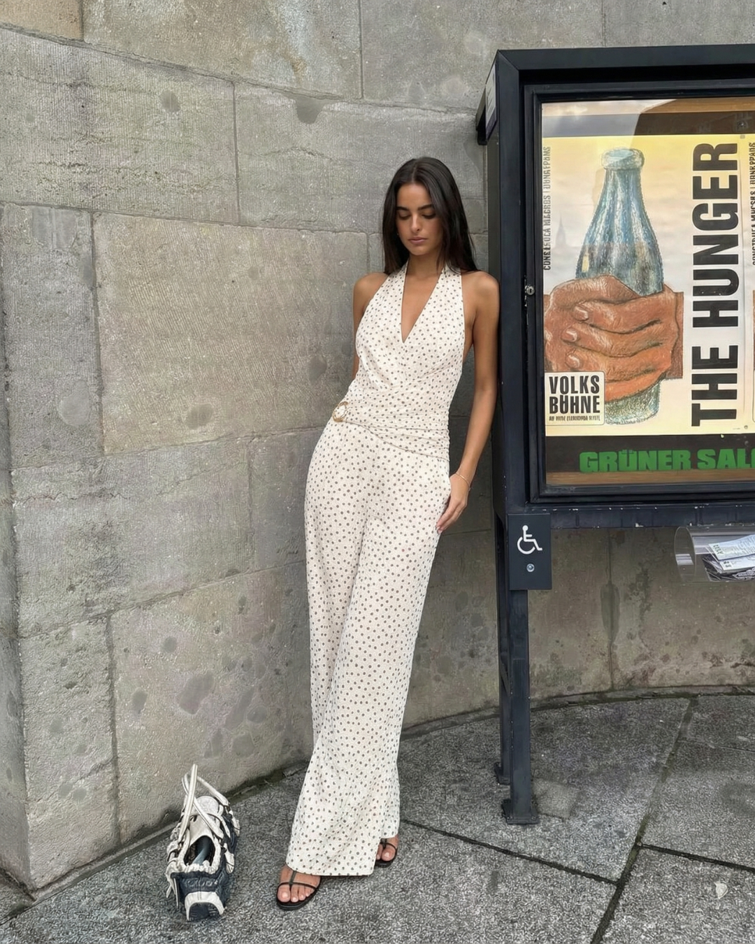 Thea | Halter Jumpsuit Cream Polka Dot Wide Leg