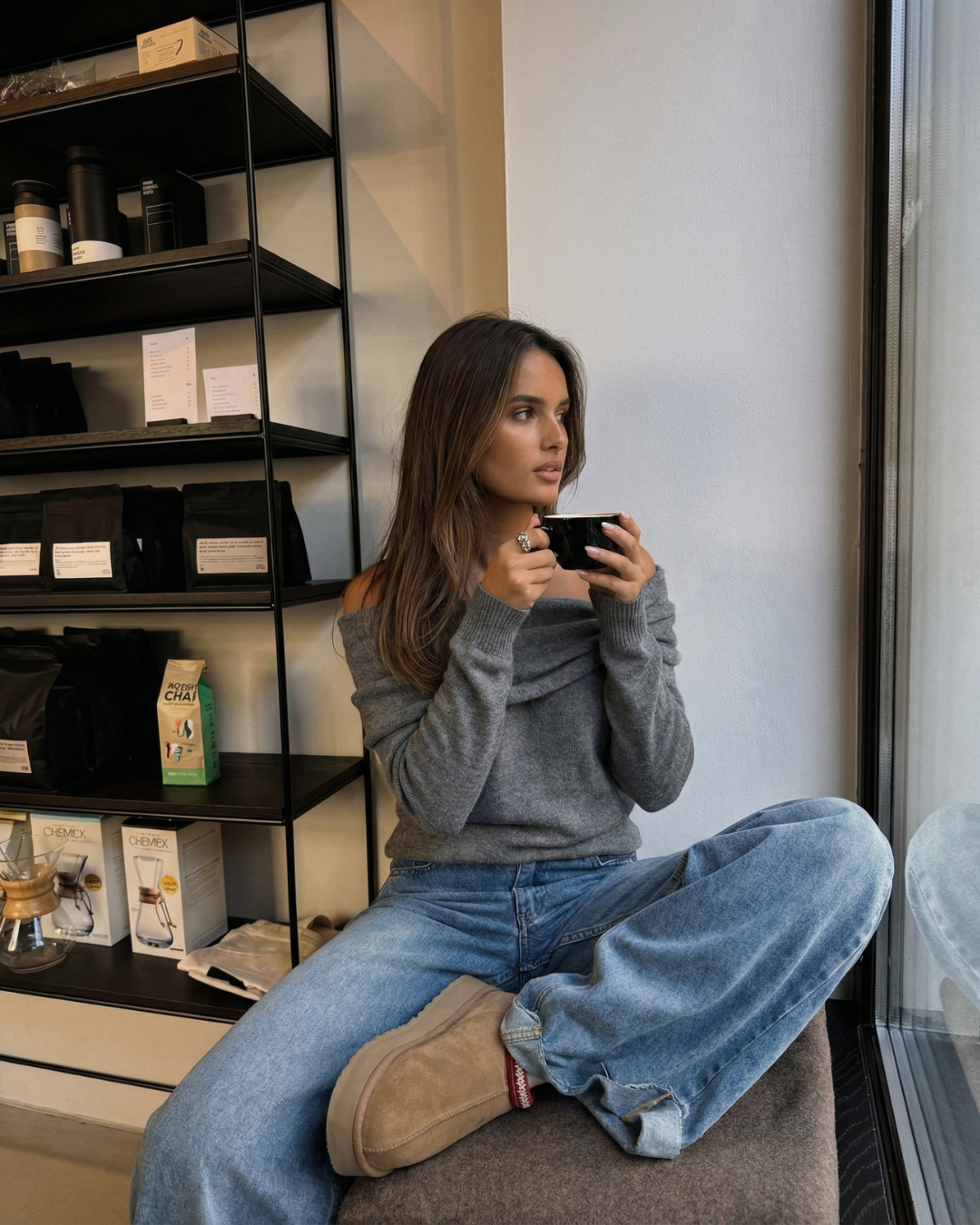 Nina | Off Shoulder Long Sleeve Top Grey Knitted