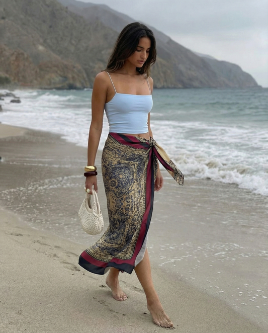 Noa | Summer Wrap Maxi Skirt Navy Printed Satin Tie