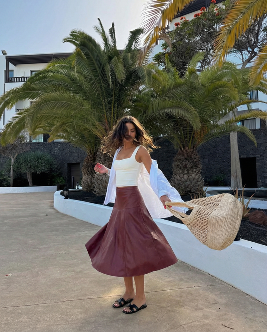 Opal | Leather Skirt Midi Brown A Line Faux High Waisted