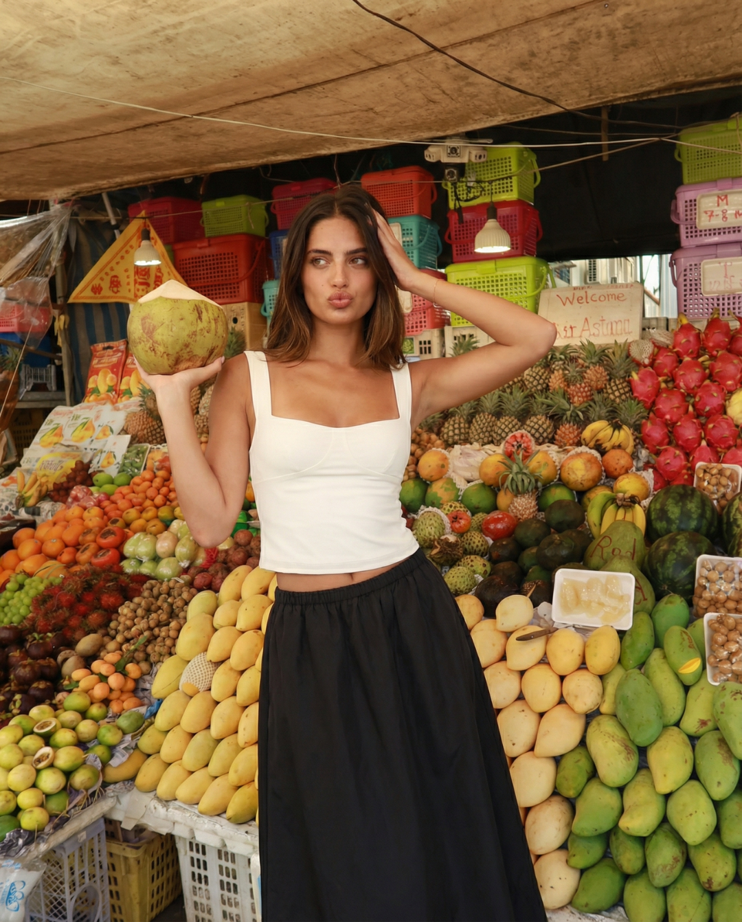Faye | A Line Midi Skirt Black Elastic Waist