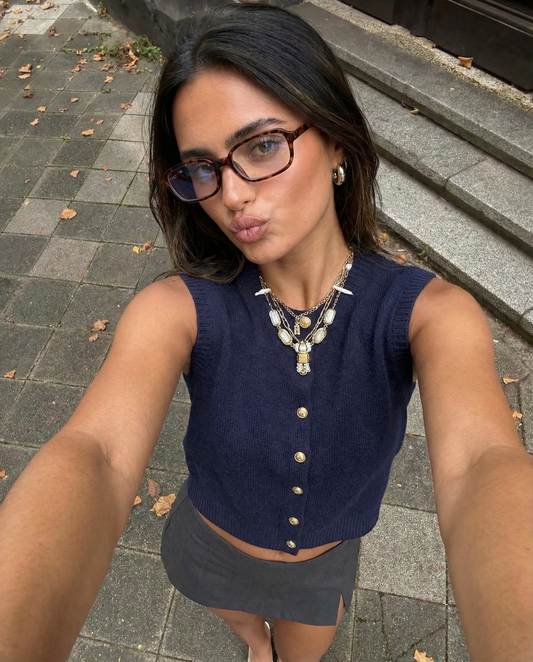 Margot | Cropped Ribbed Knit Cardigan Navy Button Front