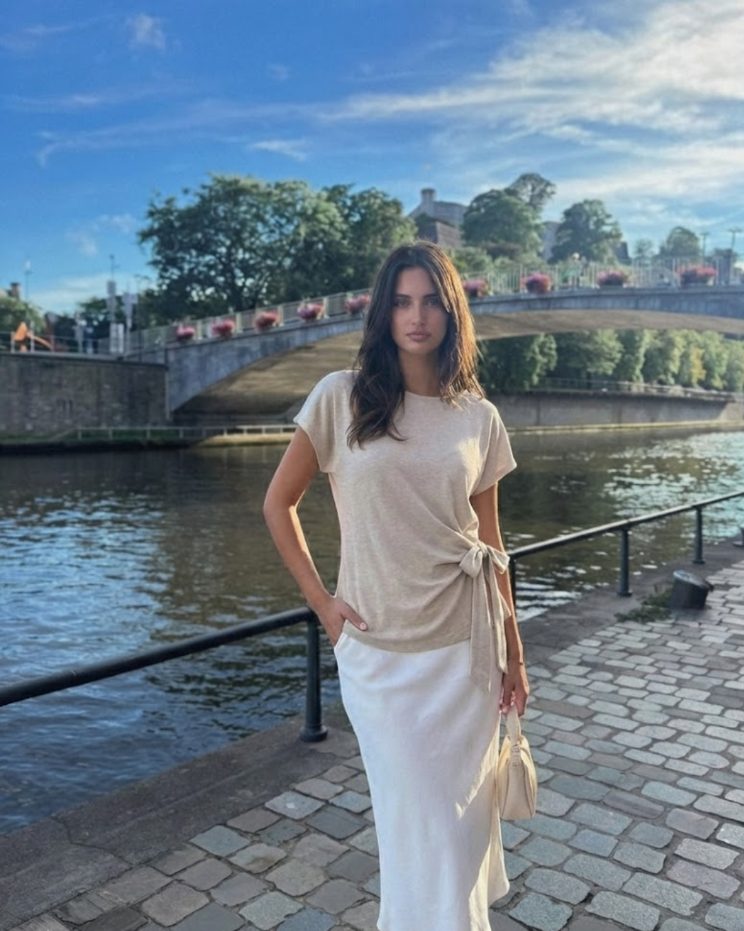 Bea | Tie Front Knit Matching Set Cream Short Sleeve