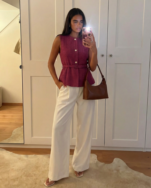 Vera | Sleeveless Tweed Peplum Cardigan Burgundy Belted