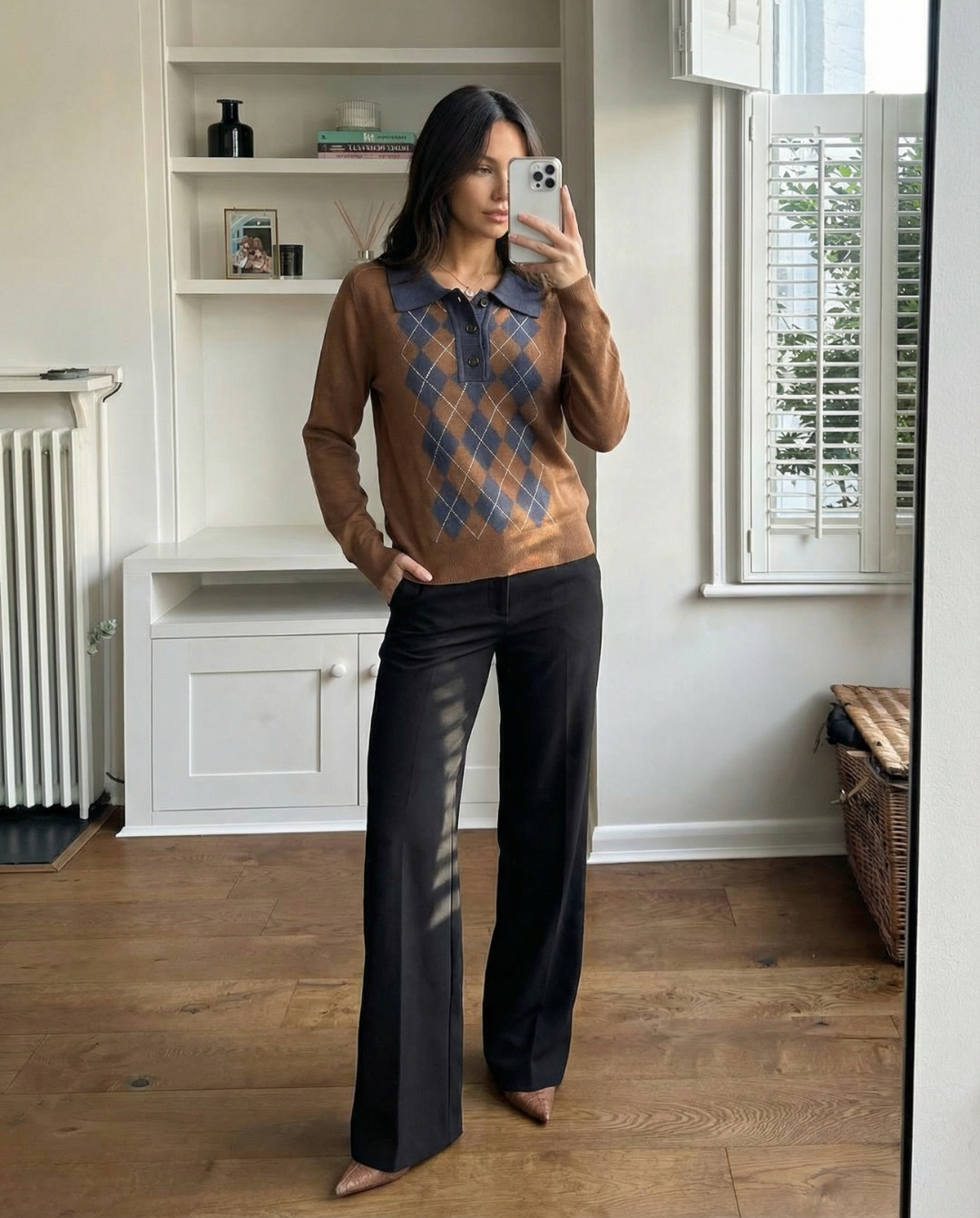Chloe | Brown Classic Argyle Knit Long Sleeve Polo Jumper