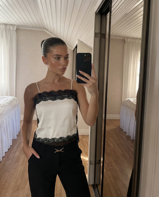 Isla | Elegant Lace Trim Cami Top White Black Satin