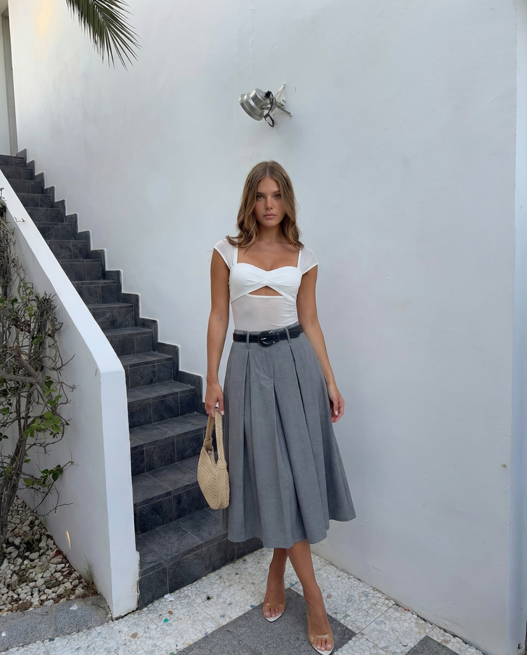 Nola | Pleated Midi Skirt Gray High Waisted A Line